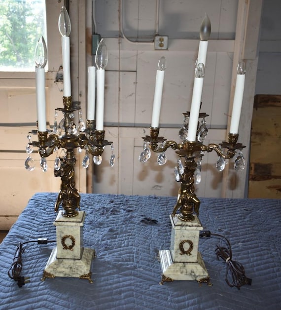 Pair Vintage Italian Alabaster Cherub Crystal Candelabra Table Lamps 5 Light