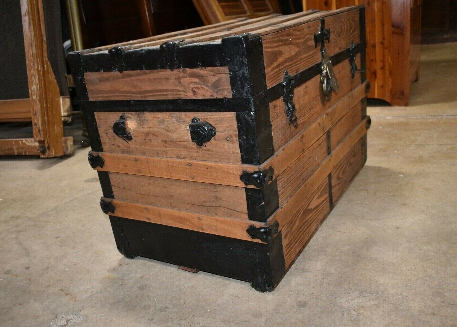 Refinished Antique Flat Top Wood Slat Brown Trunk Primitive Etsy