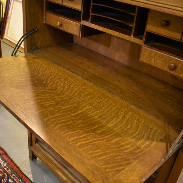 Signed Antique Craftsman Mission Oak 5 Stack Barrister or Lawyer's Bookcase with Desk-Gunn