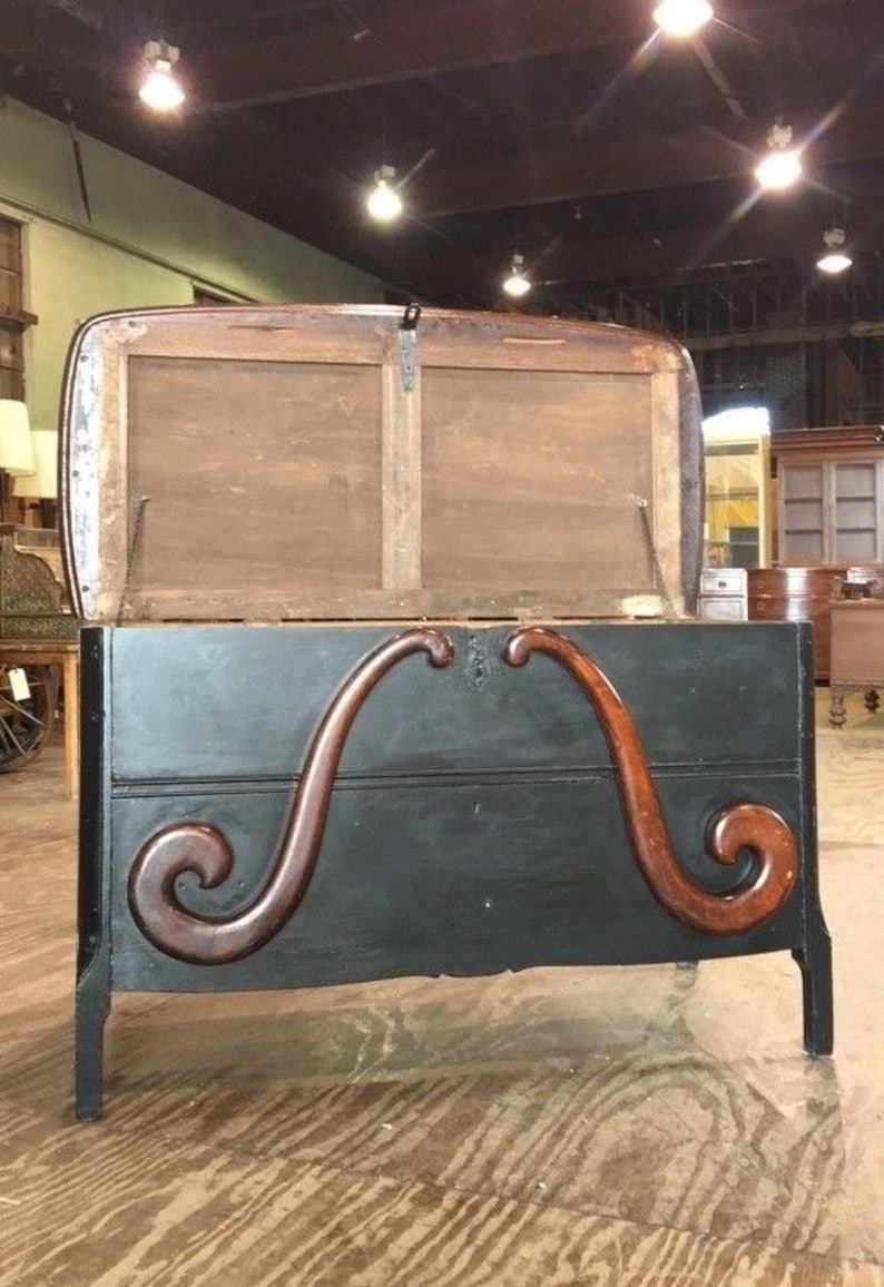 Victorian Antique Black Blanket Chest Oak Trunk Vintage Image 0