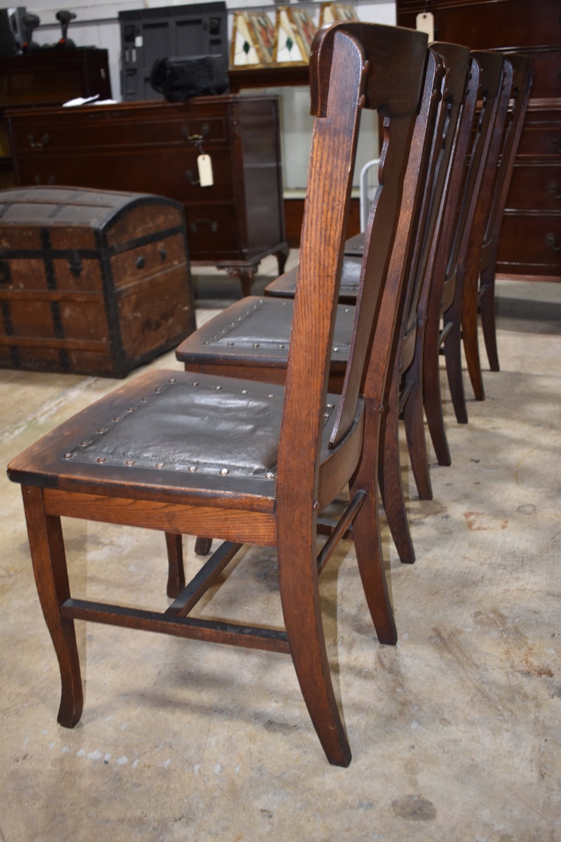 Antique Oak T Back Leather Seat Dining Side Chairs Set of 4 Etsy