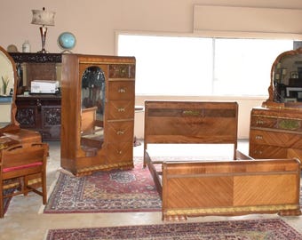 Antique Art Deco Waterfall Full Queen Bedroom Set Suite c.1930s