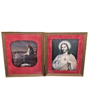 Religious Vintage Print of Jesus Christianity Sacred Heart & Mount of Olives
