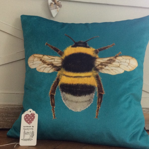 Handmade cushion pillow Velvet Bumble Bee design turquoise cover only