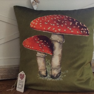 Handmade cushion pillow Velvet Toadstool design green red cover only