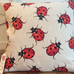 Handmade cushion pillow Ladybird design red black linen blend cover only