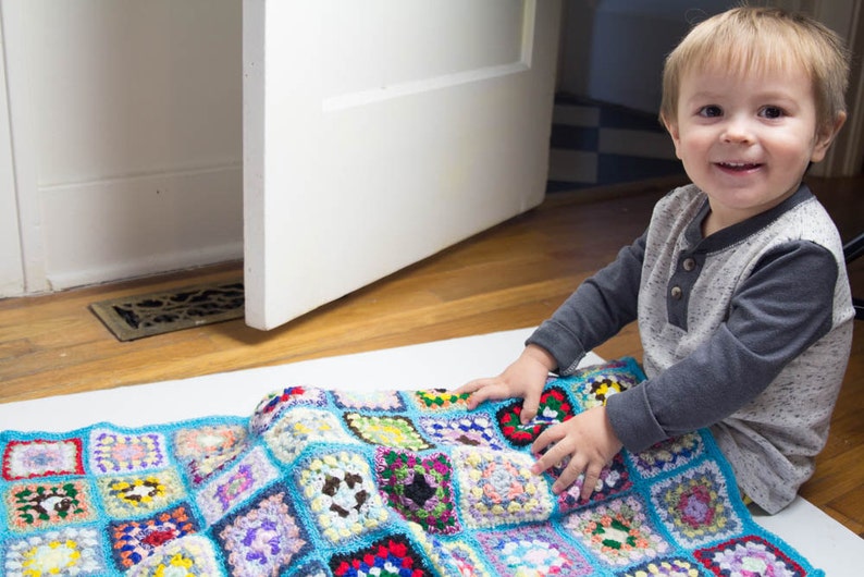 Handmade Granny Square Crochet Baby Blanket Turquoise with White No 1049
