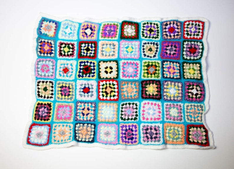 Handmade Granny Square Crochet Baby Blanket Turquoise with White No 1049