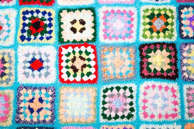 Handmade Granny Square Crochet Baby Blanket Turquoise with White No 1049