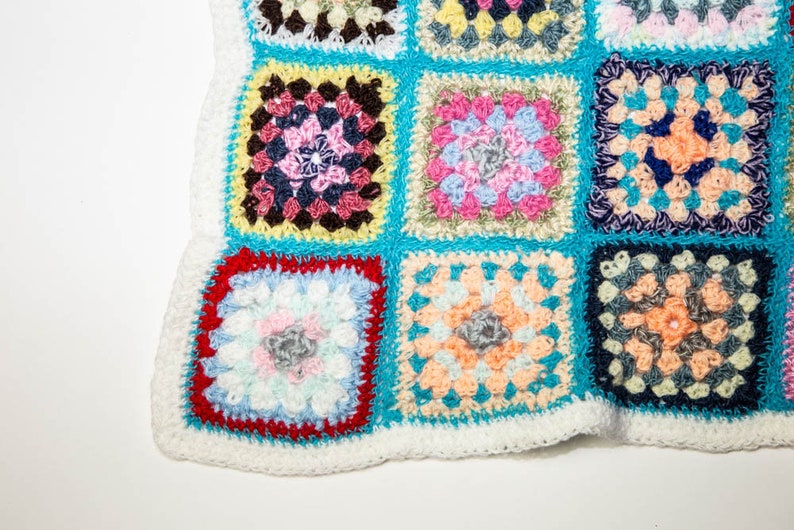 Handmade Granny Square Crochet Baby Blanket Turquoise with White No 1049
