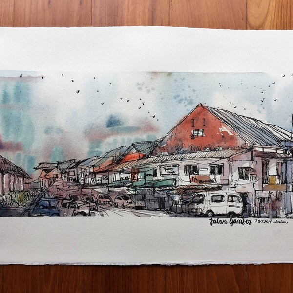 Jalan Gambier. Shophouses. Kuching. Southeast Asian Art. Urban sketch. Malaysian watercolour. Watercolor Painting. Landscape painting