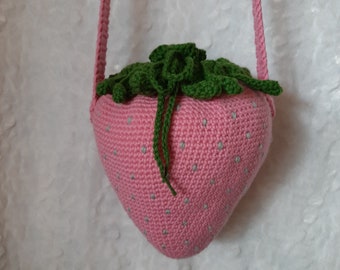 Pink Strawberry Purse, Drawstring Bag, Crossbody, Crochet, Cottage Core