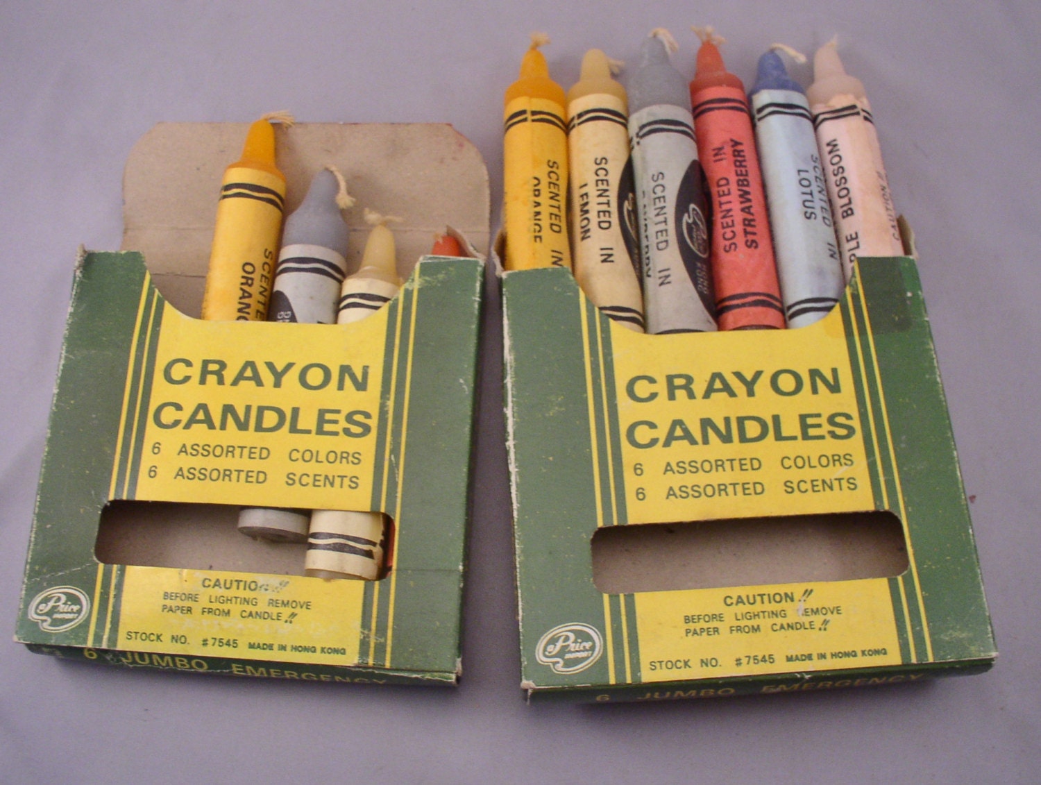 Vintage Jumbo Crayon Candles in 6 assorted scents, in two 1950s Crayola-like boxes with 10 candles.