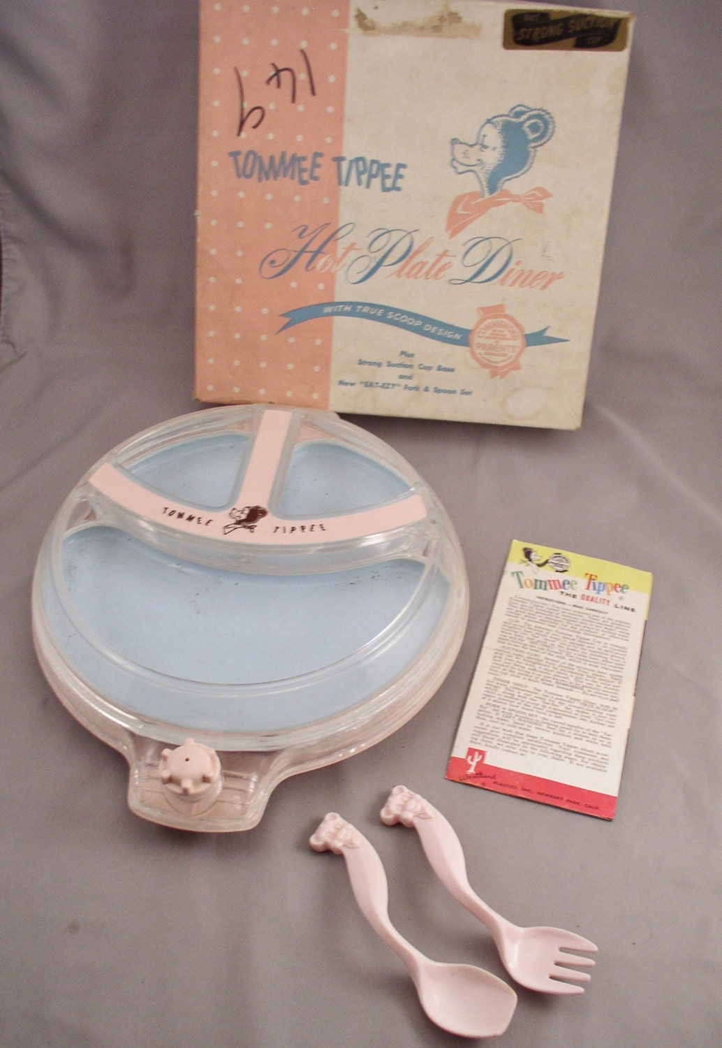 Vintage 1950s Tommee Tippee Hot Plate Diner Childs Plate Set with EatEzy Fork & Spoon In Box