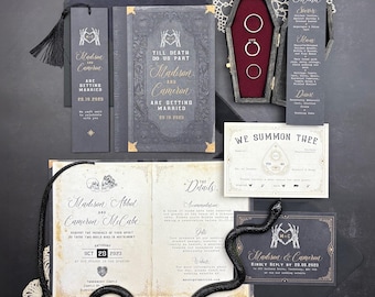 Till Death Do Us Part Library Book Wedding Invitation Set | Literary | Love Story | Bookmark | Vintage | Gothic | SAMPLE ONLY