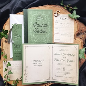 Botanical Book Wedding Invitation Set | Sage Green | Vintage | Literary | Library | Book | Bookmark | SAMPLE ONLY