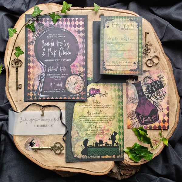 Alice in Wonderland Wedding Invitation Set | Unique | Alternative | Gothic | Moody | Ribbon + Key | Purple & Green | SAMPLE ONLY