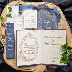 Fairytale Storybook Wedding Invitation Set | Navy & Blush Edition | Literary | Library | Book | Bookmark | SAMPLE ONLY