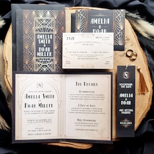 Art Deco Library Book Wedding Invitation Set | Glamorous | Literary | Elegant | Bookmark | Luxury | Sophisticated | Geometric | SAMPLE ONLY