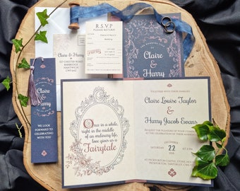 Fairytale Storybook Wedding Invitation Set | Navy & Blush Edition | Literary | Library | Book | Bookmark | SAMPLE ONLY