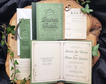 Botanical Book Wedding Invitation Set | Sage Green | Vintage | Literary | Library | Book | Bookmark | SAMPLE ONLY