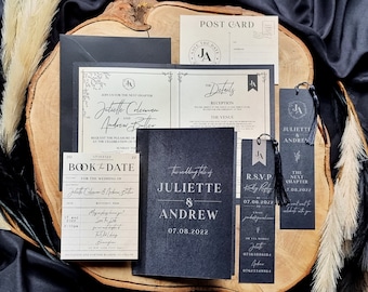 Library Book Wedding Invitation Set | Black | Literary | Love Story | Bookmark | Elegant | Sophisticated | SAMPLE ONLY