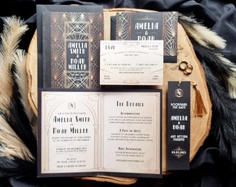 Art Deco Library Book Wedding Invitation Set | Glamorous | Literary | Elegant | Bookmark | Luxury | Sophisticated | Geometric | SAMPLE ONLY
