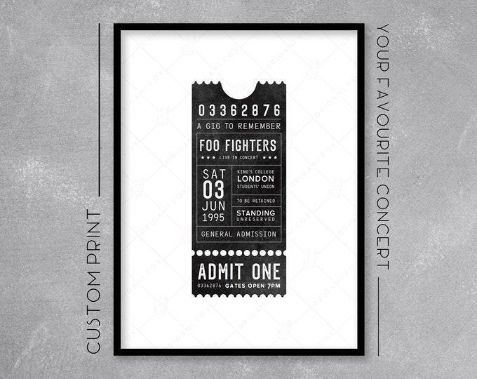 Personalised Ticket Stub Print / Poster - Add your favourite gig / concert - Retro Music Art - Wall Art Illustration