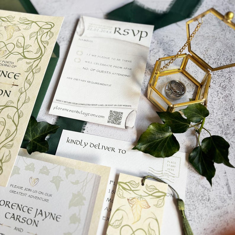 SAMPLE Elven Bookish Wedding Invitation Set | Middle-Earth | Fantasy Book Inspired Invite Suite | Luxury Literary Wedding Stationery 画像 10