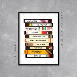 Personalised Retro Video Tape Print / Poster - Add your favourite movies - Retro Movie Art - Wall Art Illustration