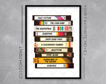 Personalised Retro Video Tape Print / Poster - Add your favourite movies - Retro Movie Art - Wall Art Illustration