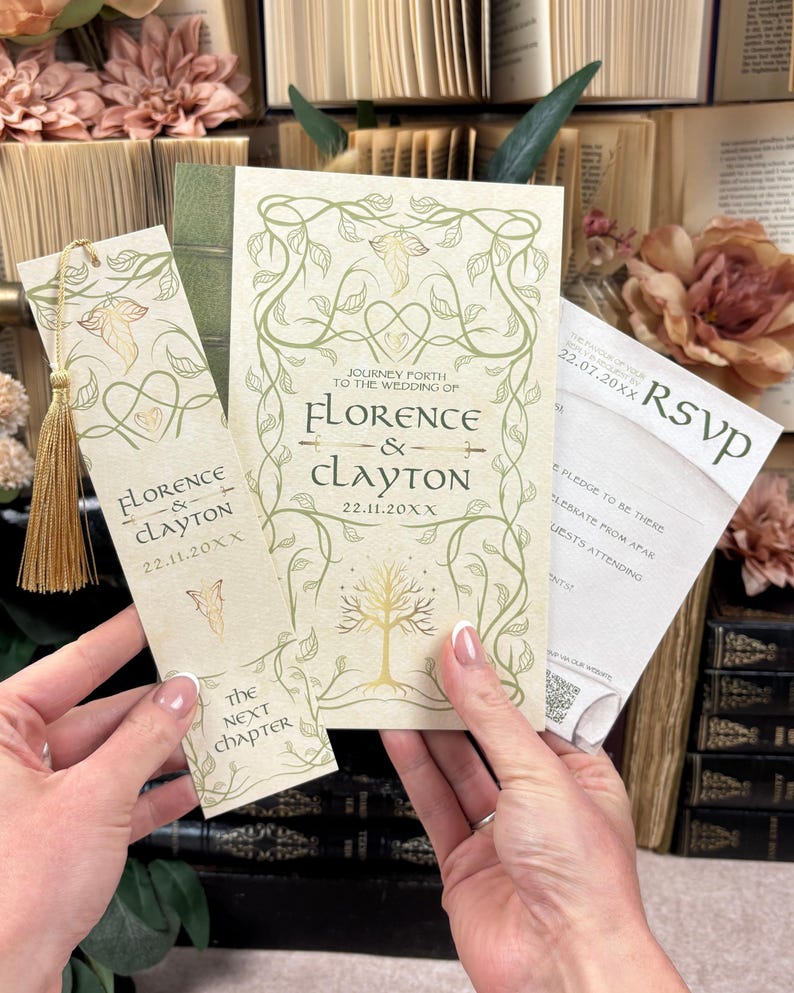 SAMPLE Elven Bookish Wedding Invitation Set | Middle-Earth | Fantasy Book Inspired Invite Suite | Luxury Literary Wedding Stationery 画像 3