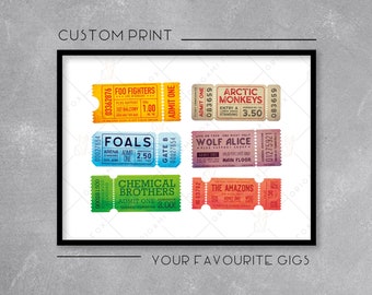 Personalised Ticket Stub Print / Landscape Poster - Add your favourite gigs / concerts - Retro Music Art - Wall Art Illustration