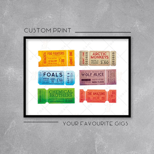 Personalised Ticket Stub Print / Landscape Poster - Add your favourite gigs / concerts - Retro Music Art - Wall Art Illustration
