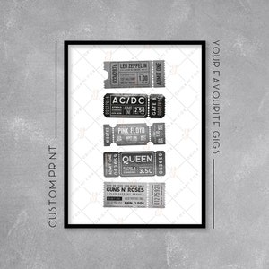 Personalised Ticket Stub Print / Poster - Add your favourite gigs / concerts - Retro Music Art - Monochrome - Wall Art Illustration