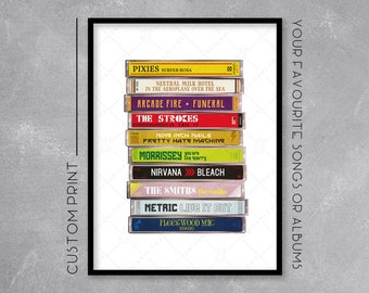Personalised Cassette Case Stack Print / Poster - Add your favourite songs or albums - Retro Music Art - Wall Art Illustration