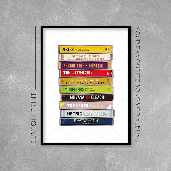 Personalised Cassette Case Stack Print / Poster - Add your favourite songs or albums - Retro Music Art - Wall Art Illustration