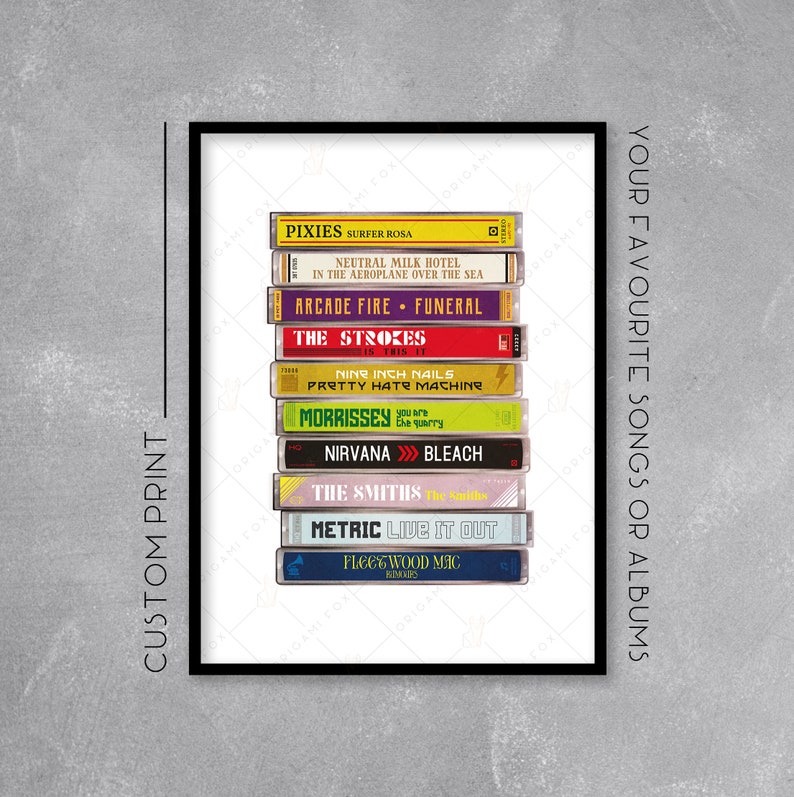 May include: A stack of cassette tapes featuring album covers from popular bands like Pixies, Arcade Fire, The Strokes, Morrissey, Nirvana, The Smiths, Metric, and Fleetwood Mac. The text "YOUR FAVOURITE SONGS OR ALBUMS" is printed on the right side of the image.