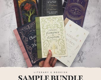 May include: A collection of six rectangular wedding invitations designed to resemble vintage book covers. Each card features unique typography, decorative borders, and thematic illustrations including a rose, a tree, and celestial patterns.