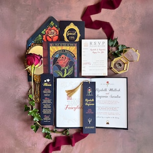 Be Our Guest Fairytale Book Wedding Invitation Set | Library | Bookmark | Luxury Announcement | Printed + Shipped