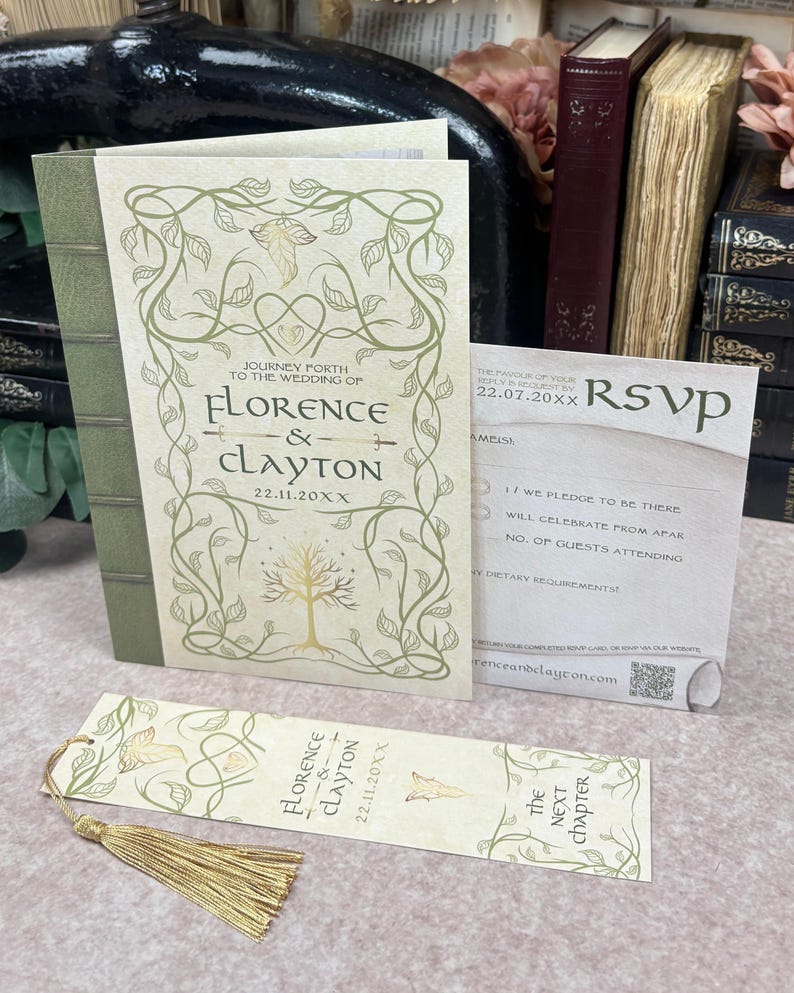 SAMPLE Elven Bookish Wedding Invitation Set | Middle-Earth | Fantasy Book Inspired Invite Suite | Luxury Literary Wedding Stationery 画像 1