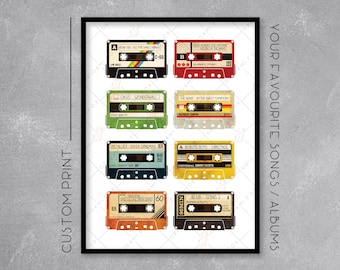 Personalised Cassette Print / Poster - Add your favourite songs - Retro Music Art - Wall Art Illustration