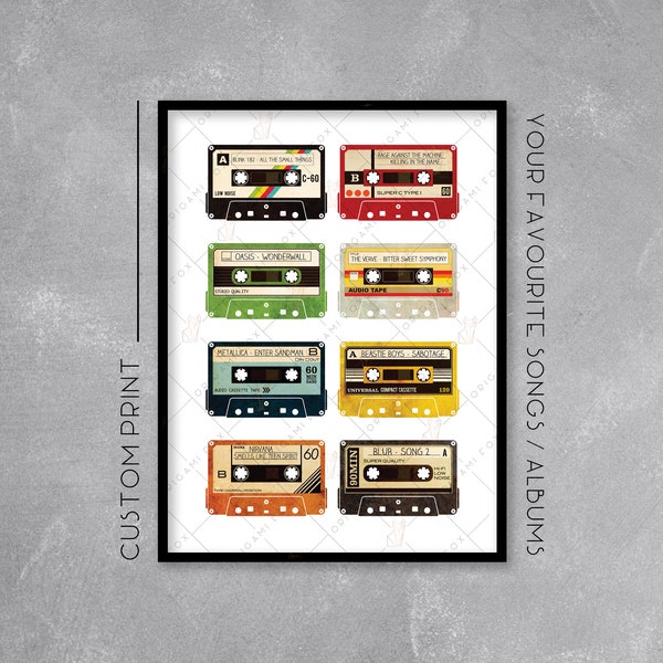 Personalised Cassette Print / Poster - Add your favourite songs - Retro Music Art - Wall Art Illustration