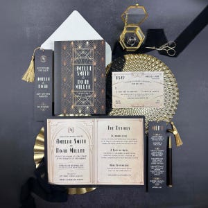 Art Deco Library Book Wedding Invitation Set | Glamorous | Literary | Bookmark | Luxury Announcement | Printed + Shipped