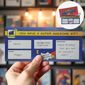 Ticket style bande dessinée à gratter - Carte cadeau surprise à faire soi-même - Cadeau révélation surprise
