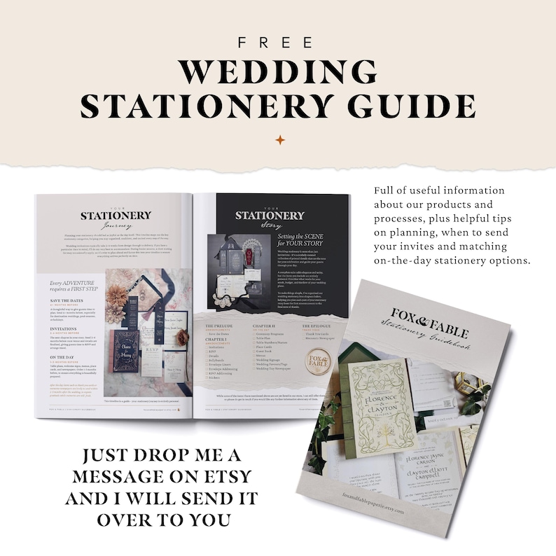 以下が含まれることがあります： FREE WEDDING STATIONERY GUIDEというタイトルのデジタルガイド。結婚式の招待状の画像とテキストが記載されたページで構成されています。文房具の旅やストーリーに関するセクションがあり、表紙にはFOX & FABLE Stationery Guidebookと記されています。