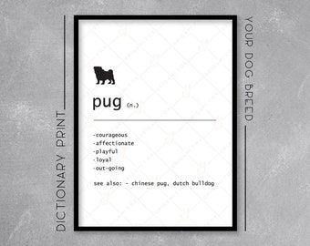 PUG Dog Dictionary Print - Typography Print - Wall Art - Dog Love - Pet Print - Breed Definition - Dictionary Page Art - Custom