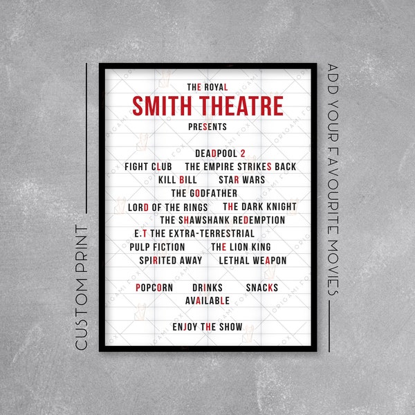 Personalised Cinema Marquee Print / Poster - Add your favourite movies | Retro Movie Art | Wall Art Illustration