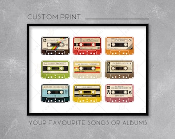 Personalised Cassette Print / Poster - Add your favourite songs x9 - Retro Music Art - Wall Art Illustration