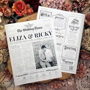 Może przedstawiać: Dwa ogłoszenia ślubne w stylu gazety z kwiatowymi akcentami. Główny nagłówek brzmi "The Wedding Times" z imionami "Eliza & Ricky" i datą. Drugie ogłoszenie zawiera wskazówki dojazdu i informacje o prezentach.